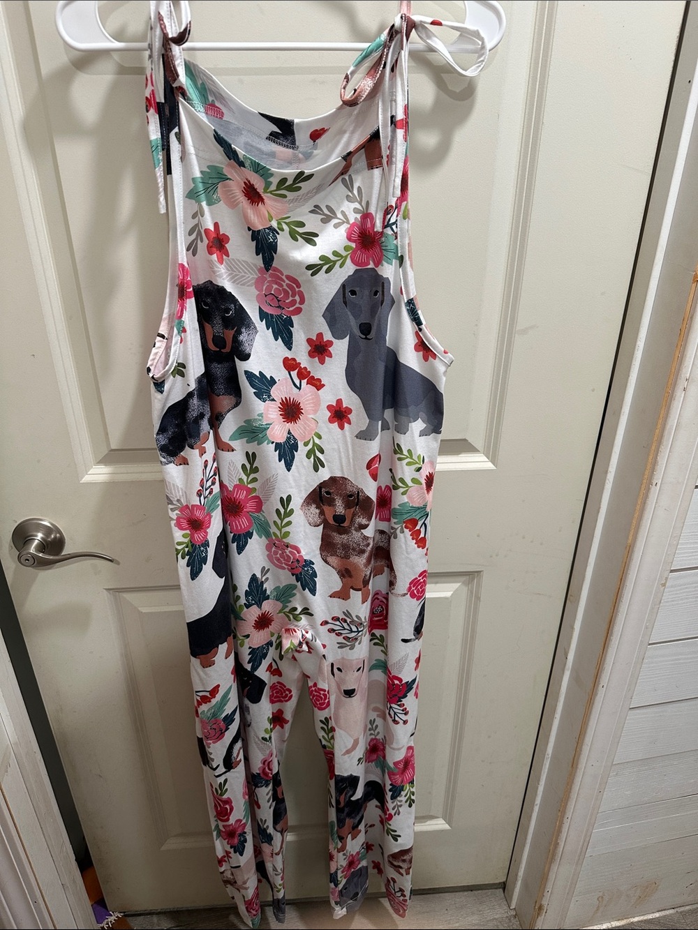 Source Unknown White Floral & Dog Print Jumpsuit